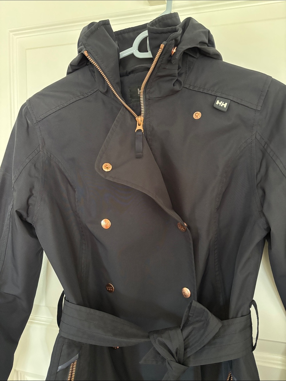 Women’s Helly Hansen Dark Navy Rain Trench Coat with Rose-Gold Accents. Size S - Picture 4 of 12
